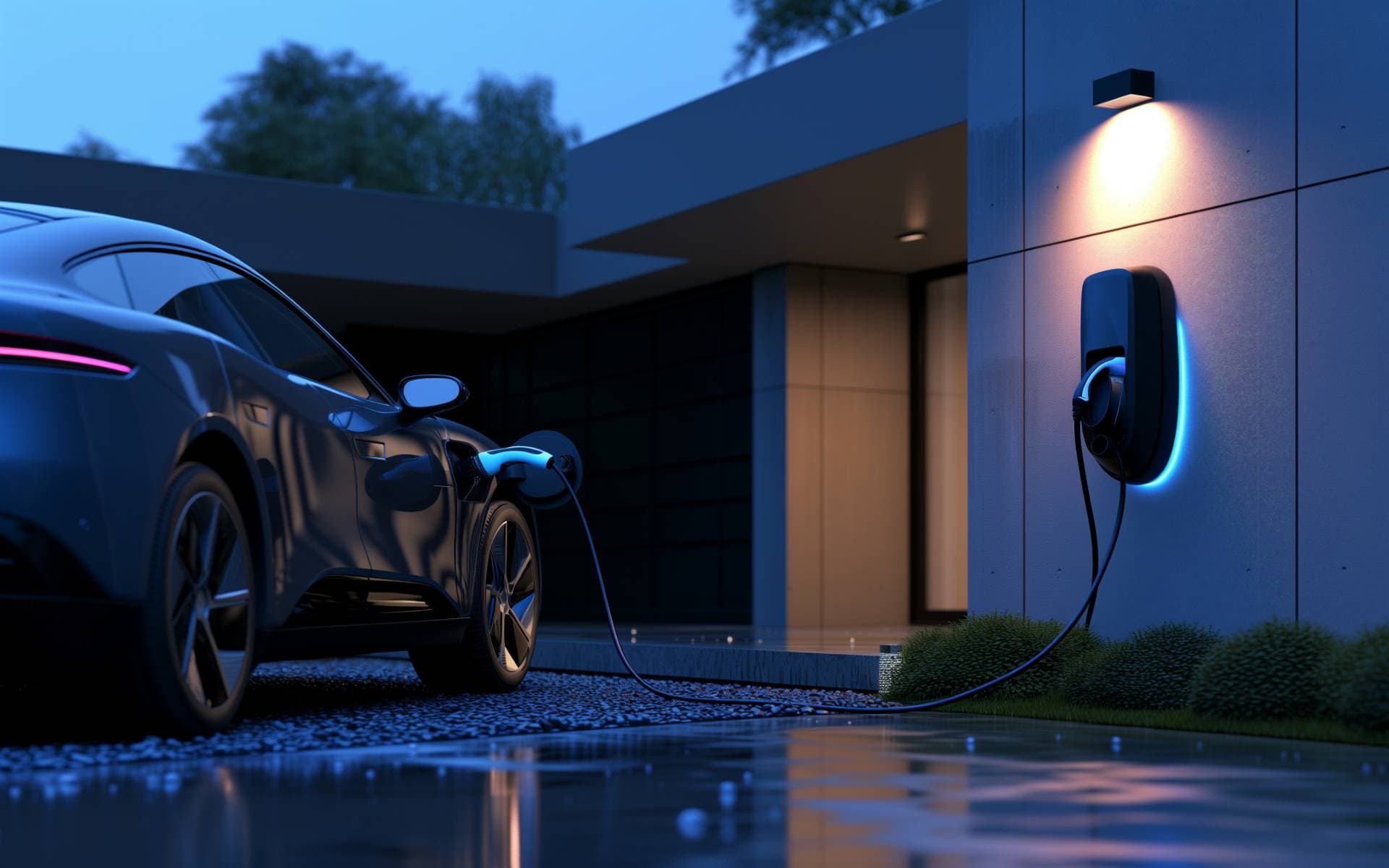 Eletricista instalando carregador wallbox residencial para veículo elétrico na parede de uma garagem